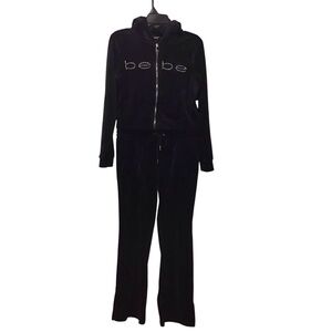 NWT BEBE Bling Velour Rhinestone Logo Tracksuit Hoodie & Pant Set Black Large
